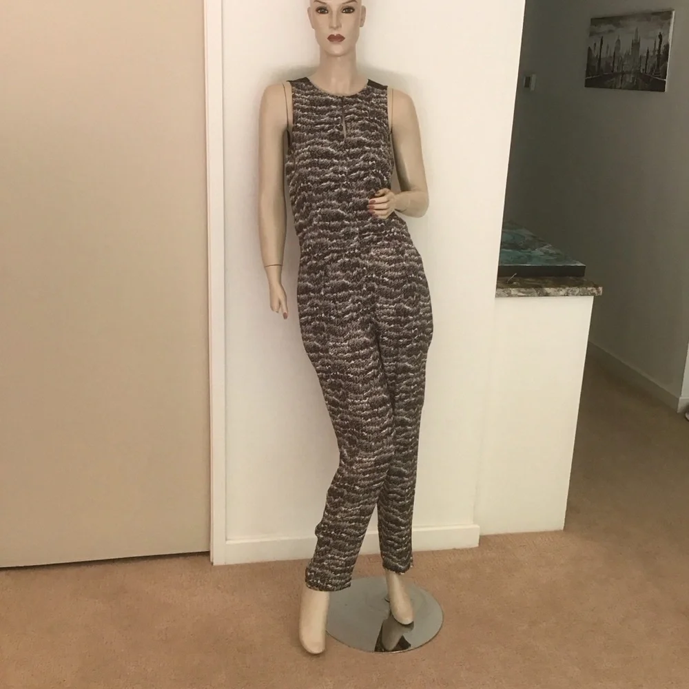 Rag & Bone Adeline Brown Black‎ Abstract Print 100% Silk Keyhole Jumpsuit 4